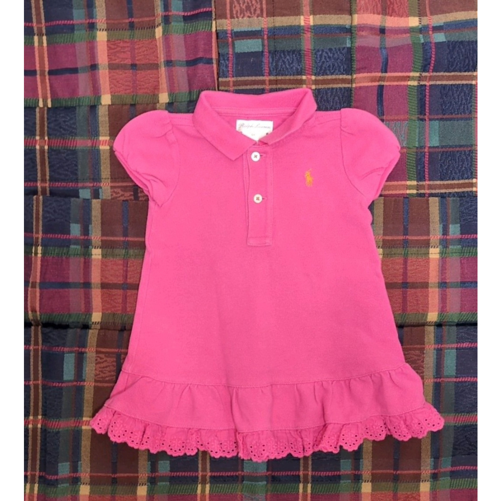 Ralph Lauren Girls Pink Cotton Polo Dress Ruffled Sz 6M